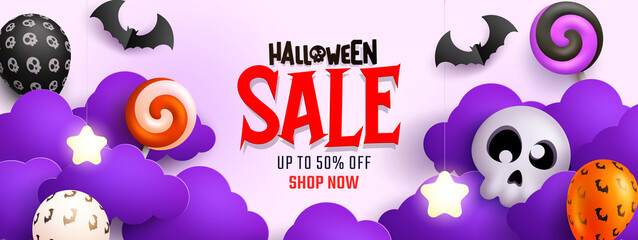 Halloween sale vector banner design. Halloween sale text with spooky and scary seasonal elements for trick or treat discount promotion offer. Vector illustration.
