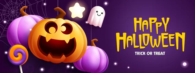 Poster Im Rahmen Halloween celebration vector design. Happy halloween greeting text with jack o pumpkin character and spooky treat or trick elements for party celebration. Vector illustration.  © ZeinousGDS