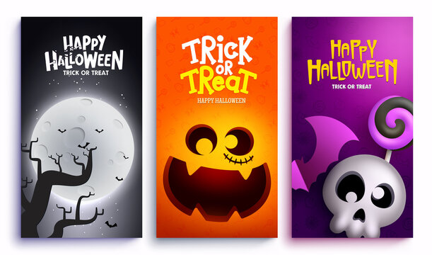 Halloween vector poster set design. Happy halloween trick or treat text with pumpkin, skull and night yard collection for trick or treat horror party celebration. Vector illustration.
