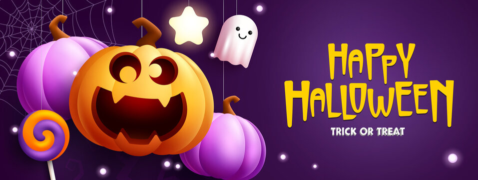 Halloween celebration vector design. Happy halloween greeting text with jack o pumpkin character and spooky treat or trick elements for party celebration. Vector illustration.
