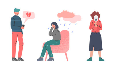 Boy and Girl Teenagers Suffering from Psychological Problems and Mental Disorder with Rainy Cloud and Mask Vector Set