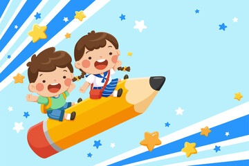 School kids riding on pencil rocket