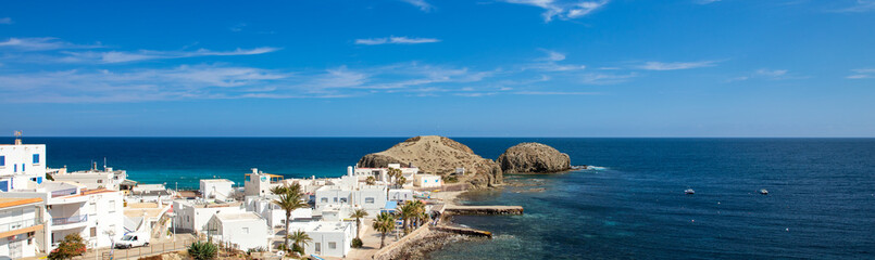 Panoramic view of coast, village and beach- Cabo de Gata, Andalusia