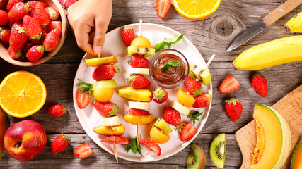 fruit dessert with chocolate dip
