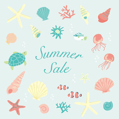 サマーセールポスター　海の生き物と浜辺の貝殻セット　