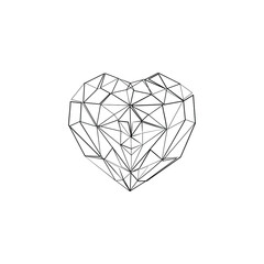 Crystal Heart Logo. Precious stone icon. Love symbol, Valentine's Day, greeting card, line drawing, small tattoo, print for clothes, isolated vector illustration. 