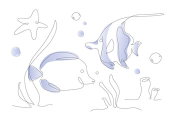 one line aquarium fish. ocean life moorish idol and Hippo Tang. outline sea fishes. cute poster illustrations.