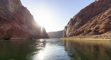 Colorado River in Glen Canyon, Arizona, United States of America. American Mountain Nature Landscape Background. Sunny Sunrise.