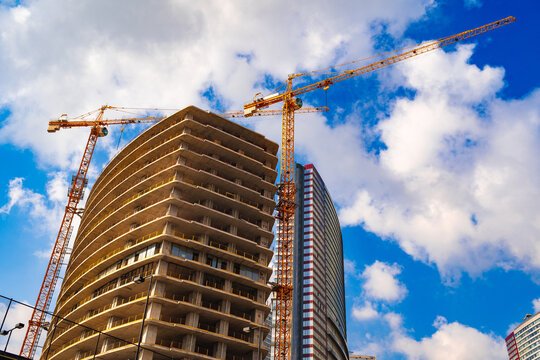 Building construction site against blue sky in Istanbul.