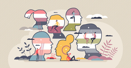 Gender identity and colorful human orientation profiles tiny person concept. Female and male sexual identification from heterosexual to homosexual and LGBTQ movement culture vector illustration. - obrazy, fototapety, plakaty