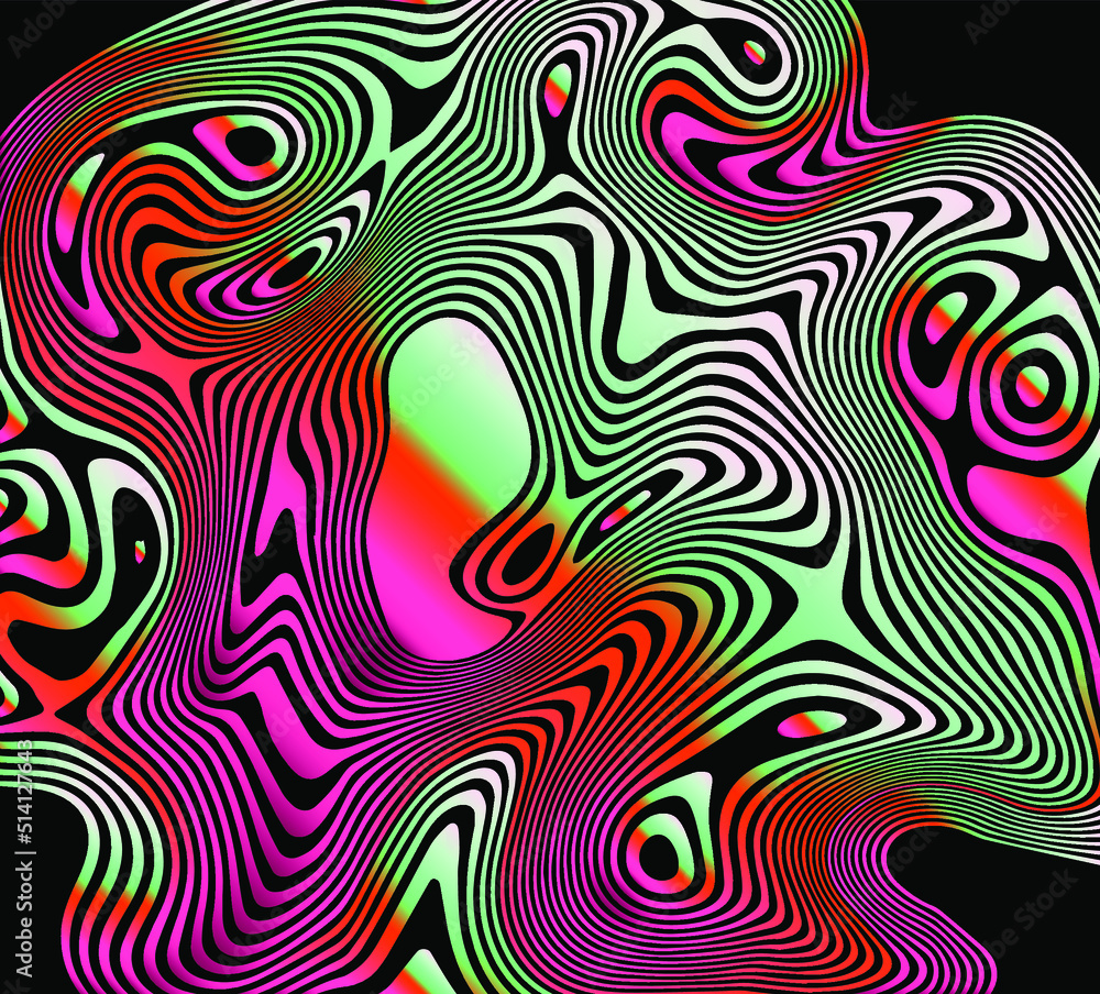 Aufkleber Surreal trippy abstract background with thin holographic flowing lines on a dark background.