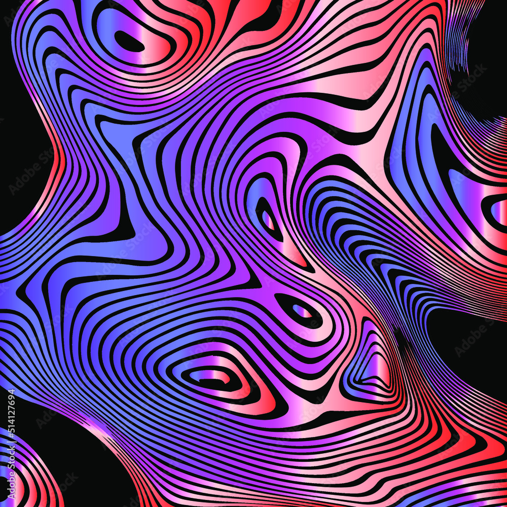 Poster surreal trippy abstract background with thin holographic flowing lines on a dark background.