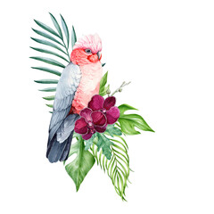 Tropical exotic floral decor with pink parrot. Watercolor illustration. Beautiful tropical bird with palm leaves, purple orchids decoration. Floral jungle decor on white background