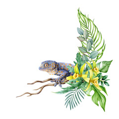 Fototapeta premium Floral exotic decor with tokay gecko. Watercolor illustration. Tropical flower arrangement with palm leaves, yellow bright orchids, hiding gecko. Bright exotic lizard in green leaves and flowers