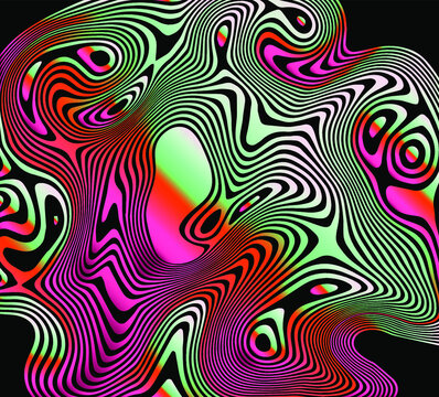 Surreal trippy abstract background with thin holographic flowing lines on a dark background.