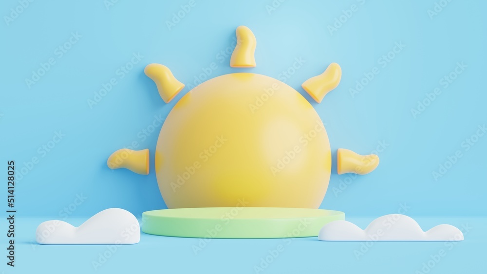 Poster 3d podium, sun and clouds on blue background.abstract minimal scene with copy space.3d rendering ill