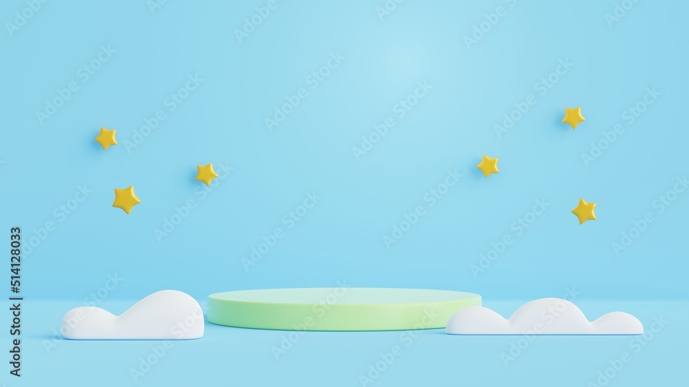 Poster 3d podium, star and clouds on blue background.abstract minimal scene with copy space.3d rendering il