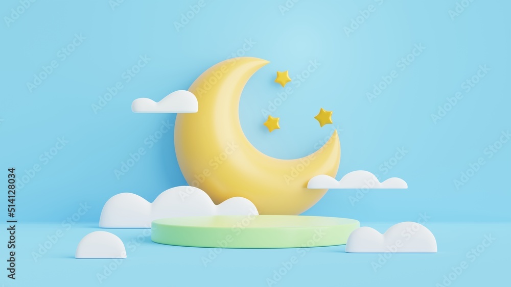 Poster 3d podium, star, clouds and crescent moon on blue background.abstract minimal scene with copy space.