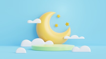3D Podium, star, clouds and crescent moon on blue background.Abstract minimal scene with copy space.3D Rendering Illustration.