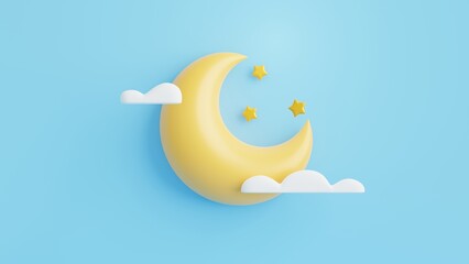 Plakat 3D crescent moon, star and clouds on blue background.Abstract minimal scene with copy space.3D Rendering Illustration.
