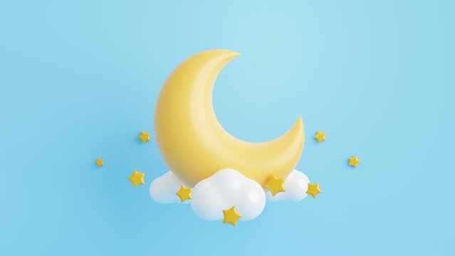3D crescent moon, star and clouds on blue background.Abstract minimal scene with copy space.3D Rendering Illustration.