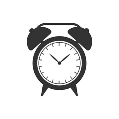 Vector clock alarm clock icon isolated on white. Black alarm clock illustration.