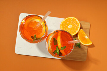 Concept of summer cocktail, Aperol Spritz, top view