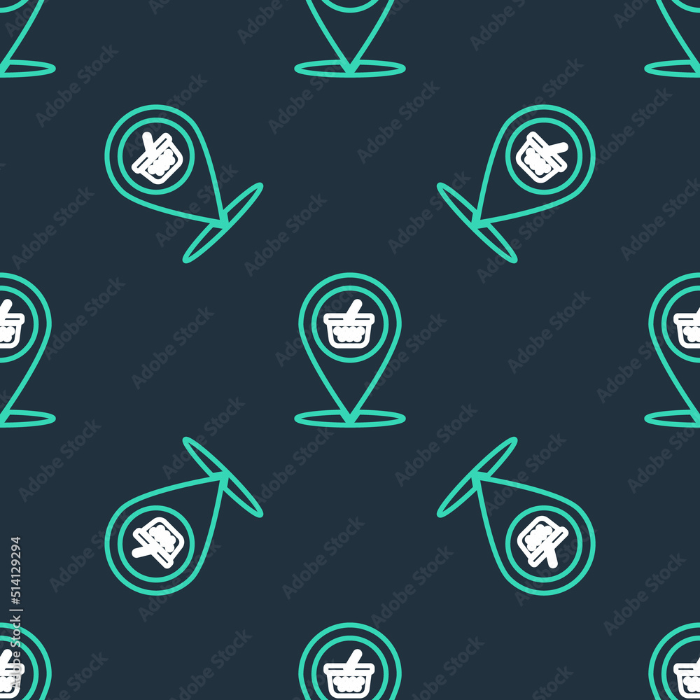 Poster line map pointer with shopping basket icon isolated seamless pattern on black background. pin point 