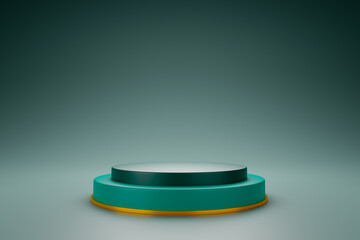 Green and gold podium product display. 3d render illustration.