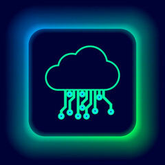 Glowing neon line Internet of things icon isolated on black background. Cloud computing design concept. Digital network connection. Colorful outline concept. Vector