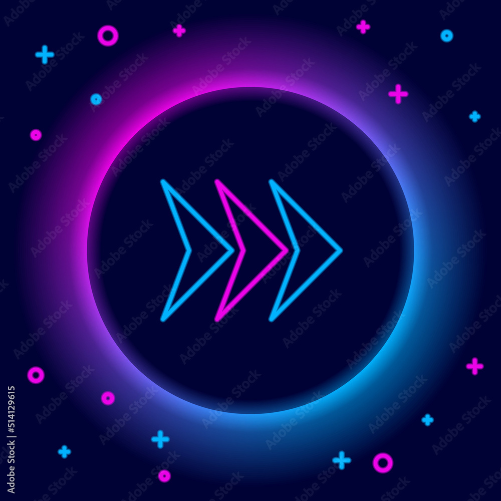 Poster glowing neon line arrow icon isolated on black background. direction arrowhead symbol. navigation po