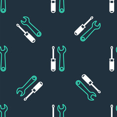 Line Screwdriver and wrench tools icon isolated seamless pattern on black background. Service tool symbol. Vector