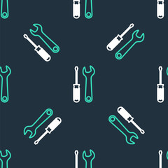 Line Screwdriver and wrench tools icon isolated seamless pattern on black background. Service tool symbol. Vector