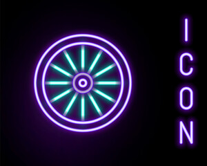 Glowing neon line Car wheel icon isolated on black background. Colorful outline concept. Vector