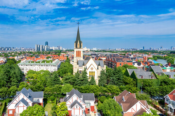 Naklejka premium A Thames Town urban environment in Songjiang District, Shanghai, China