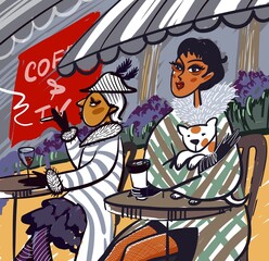 Two women are sitting in a street cafe. One girl holds a small dog in one hand, in the other hand she holds a paper cup with coffee. Another woman at the next table drinks wine and smokes