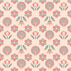 Japanese Round Flower Peacock Vector Seamless Pattern