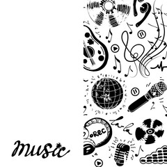 Template with elements of music, hand-drawn doodles in sketch style. Handwritten inscription. Guitar or ukulele. Headphones, microphones, treble clef with sheet music and recording icons.