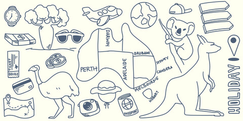 Hand drawing doodle travel elements trip to australia with tourist equipment, island, kangaroo, airplane, globe, map, money, watch, koala and big bird isolated on white background.