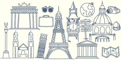 Hand drawing doodle travel elements trip to europe with tourist equipment, iconic europe landmark like big bang, eiffel tower, palace, church, museum, tower and map isolated on white background.