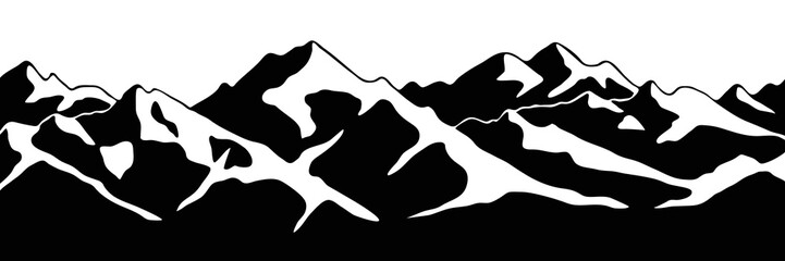 Obraz premium Snow covered mountain peaks, mountain range panoramic view, black and white landscape