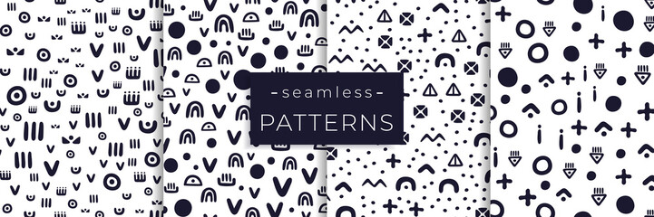 Obraz premium Vector abstract seamless patterns. Set of black and white graphic backgrounds.