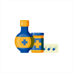Medical bottle with label. Pill flat icon isolated on white background. Flat vector illustration.