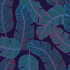 Luxury Seamless pattern with flow blue tropic leaves. Vector illustration. Summer background