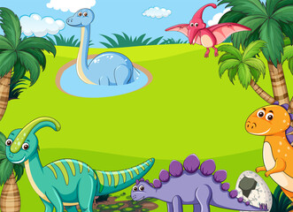 Fototapeta na wymiar Cartoon background template with dinosaurs