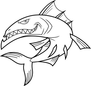Outlined Angry Barracuda Fish Cartoon Character with Sharp Teeth Jumping. Vector Hand Drawn Illustration Isolated On White Background