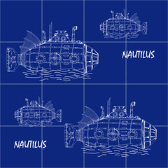 Children's wallpaper with a basic blue background and submarines