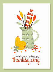 Hand drawn vector autumn still life. Decorative composition with jug, autumn bouquet, pumpkin, berries and lettering.
