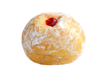 Jam filled doughnuts and sugar powder isolated on white background