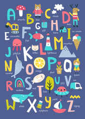 English alphabet for kids with doodle pictures. Cartoon abc poster for nursery with cute abstract art.